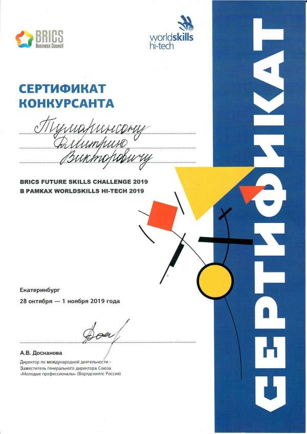 <p>Сертификат конкурсанта WorldSkills Hi-Tech 2019, Тумаринсон Д.В_</p>